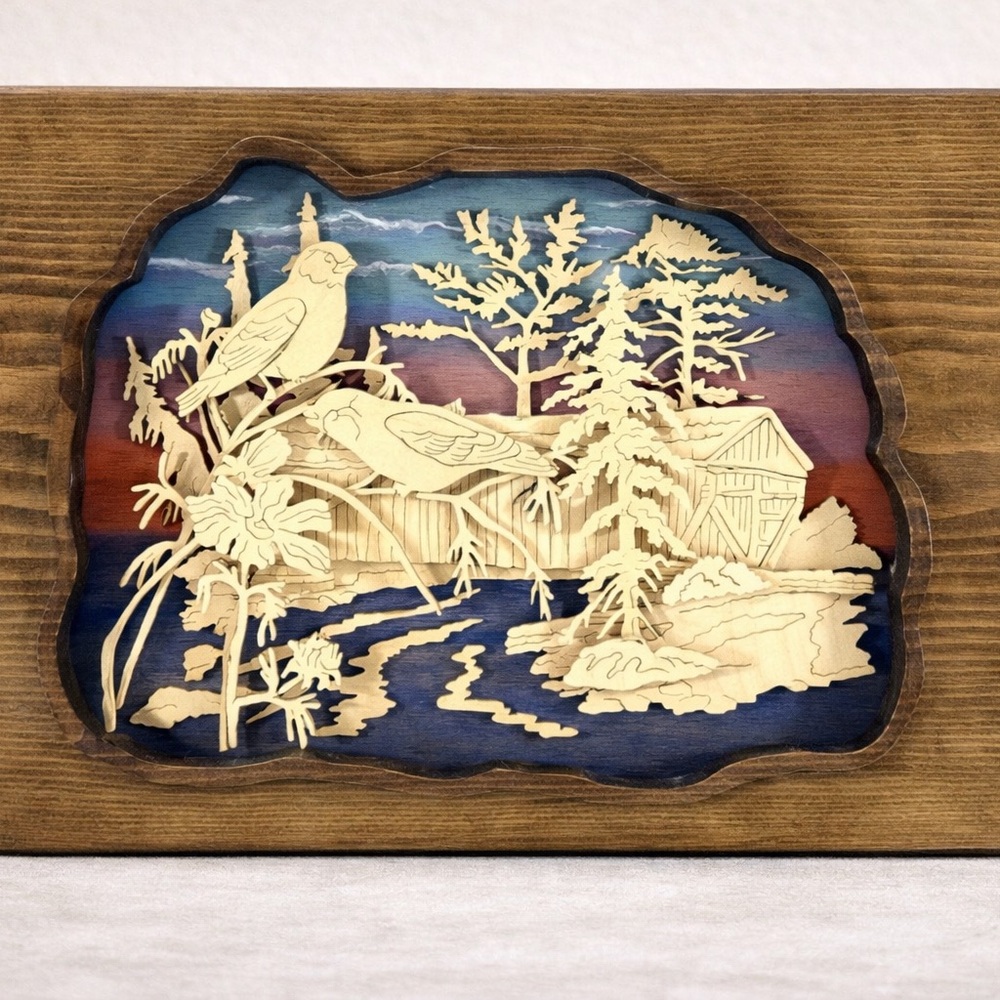 Layered Wood Shadow Box Wall Art Birds Barn Landscape 16x11” Vintage - Picture 2 of 6